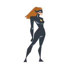 Beautiful Girl Superhero Character, Superwoman Dressed Black Costume and Mask Cartoon Vector Illustration