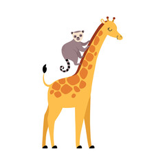 Cute Lemur and Giraffe Baby Animals, Exotic Tropical Fauna Element, African Savanna Inhabitant Cartoon Vector Illustration