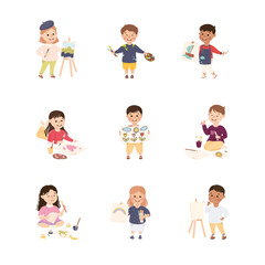 Fototapeta premium Adorable Boys and Girls Drawing and Painting Set, Cute Kids Practicing Skills to Find Dream at Art School Cartoon Vector Illustration