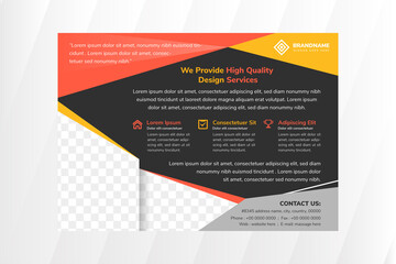 Brochure layout template flyer design vector with horizontal flyer black background. Space for photo on bottom. triangle red and yellow element. 