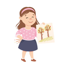 Adorable Girl Showing Drawing with Trees, Cute Kid Creative Activity or Hobby Cartoon Vector Illustration