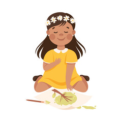 Adorable Girl Sitting on Floor and Drawing, Cute Kid Creative Activity Cartoon Vector Illustration