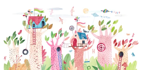 Peel and stick wall murals Childrens room Cute children tree houses. Playground in the park. Watercolor illustration.