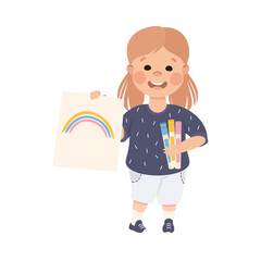 Adorable Girl Drawing with Felt Tip Pens, Cute Kid Creative Activity Cartoon Vector Illustration