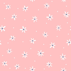 Cute seamless pattern with scattered small flowers and dots. Endless girly print. Simple vector illustration. - 431384960