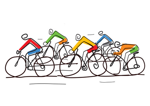 Cycling race, line art stylized cartoon.
Stylized simple drawing of group road cyclists. Vector available.