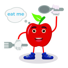 apple cute cartoon character  with cutlery of vector illustration