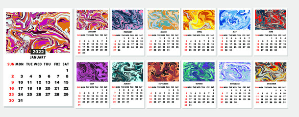 Calendar 2022 template vector, Set Desk calendar 2022, wall calendar design, Planner, Week start on Sunday, vertical layout, Set of 12 Months, cover design memphis style, vector illustration