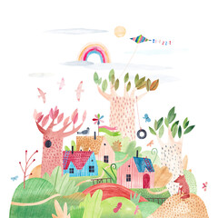 Watercolor illustration - Eco village. Big trees. Ecosystem. Agro-tourism.