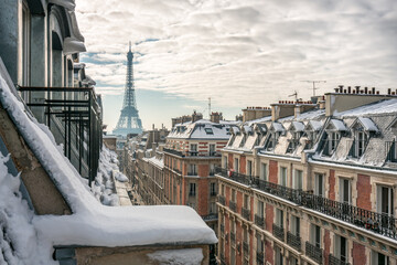 Rooftops of Paris with view of Eiffel Tower in winter
