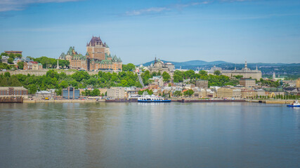 View on Quebec city, the Chateau Frontenac and the St Lawrence river from the park-observation terrace in Levis, Quebec (Canada) - obrazy, fototapety, plakaty