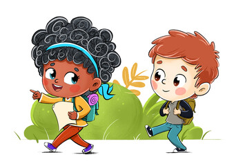 Illustration of a boy and a girl going hiking or camping - 431386535