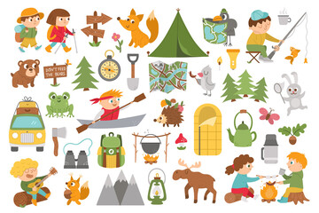 Obraz premium Vector summer camp set. Camping, hiking, fishing equipment collection with cute kids and forest animals. Outdoor nature tourism icons pack with backpack, van, fire. Woodland travel elements .
