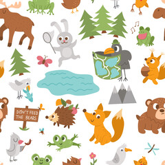 Vector seamless pattern with forest animals, insects and birds. Funny woodland campfire digital paper. Cute forest repeat background for kids with mountains, trees, moose, frog, bear, squirrel.
