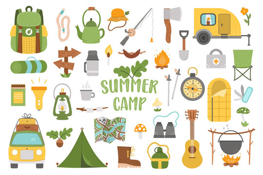 Vector summer camp set. Camping, hiking, fishing equipment collection. Outdoor nature tourism icons pack with backpack, van, rod, clothes, fire place, sleeping bag. Forest travel elements .