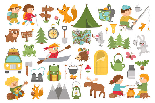 Vector summer camp set. Camping, hiking, fishing equipment collection with cute kids and forest animals. Outdoor nature tourism icons pack with backpack, van, fire. Woodland travel elements .