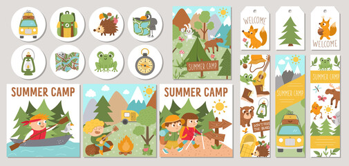 Cute set of Summer camp cards with forest animals, camping elements and kids. Vector square, round, vertical print templates. Active holidays or local tourism design for tags, postcards, ads.