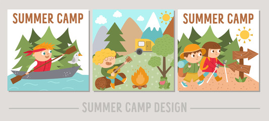 Set of Summer camp cards with cute kids doing camping activities. Vector square print templates with children rafting, playing guitar, hiking. Active holidays or local tourism design for postcards.