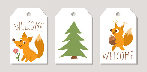Cute set of Summer camp price tag templates or cards with cute forest animals, camping elements and kids. Vector vertical print templates. Active holidays or local tourism badge or label design .