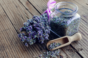 Bunch of lavender flowers on a wooden background