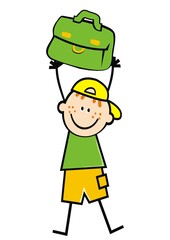 The boy with the bag, vector illustration, green and yellow colors. The boy holds a briefcase over his head.