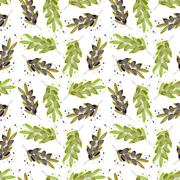 Olive tree branches with green olives and ripe olives. Vector seamless illustrations in acarel style for design, farmers market decoration, food labels, banners, stickers.