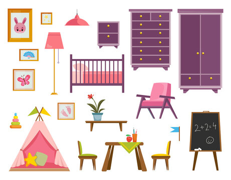 A set of furniture for a nursery for a newborn baby pink. A room for a little girl. Interior items such as a table, chest of drawers, chair, chalk board. Vector illustration in a flat style. Isolate