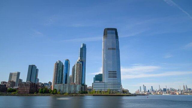 Jersey City, NJ, Blue Sky Day Timelapse Video with Water Traffic, May 2021