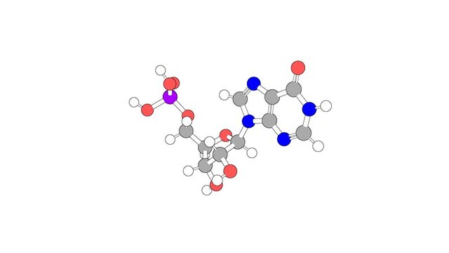 360&ordm; realistic 3D view of Inosinic Acid as a seamless loop over a white opaque background with alpha mask. Also called 5'-inosinic acid and inosine 5'-monophosphate.