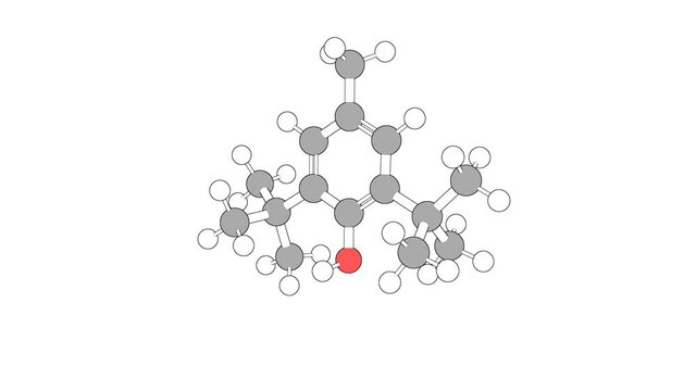 360&ordm; realistic 3D view of Butylated Hydroxytoluene as a seamless loop over a white opaque background with alpha mask. Also called butylhydroxytoluene and ionol.