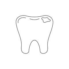 Tooth decay dental line art icon isolated. Tooth with caries hole. Vector flat design outline dentistry clip art illustration. Editable stroke.