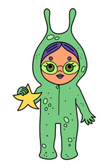 Obraz premium Little girl wearing green alien jumpsuit and eyeglasses, holding a yellow star,cute cartoon character on white background.Kid in funny ufo pajamas.Child holiday costume. Sleepover slumber party mascot