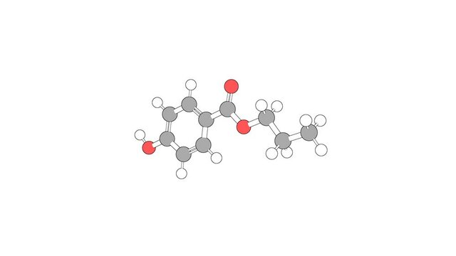 360&ordm; realistic 3D view of Propylparaben as a seamless loop over a white opaque background with alpha mask. Also called propyl 4-hydroxybenzoate and propyl paraben.