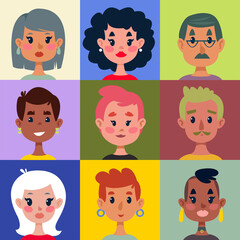 Set of different heads of men and women on a bright multi-colored background. Print for kids room. Vector illustration in cartoon style fun