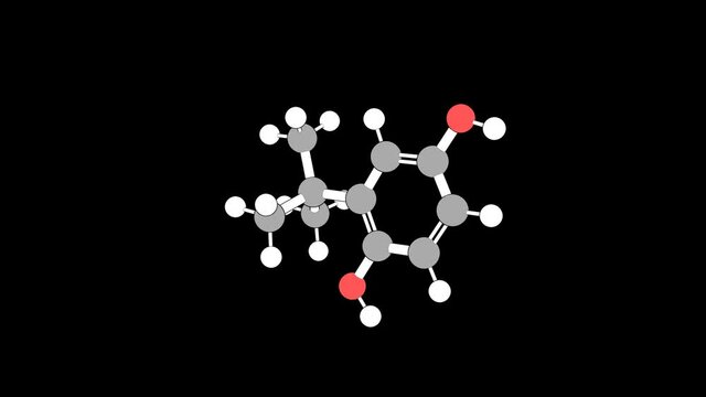 360&ordm; realistic 3D view of Tert-Butylhydroquinone as a seamless loop over a black opaque background with alpha mask. Also called tbhq and 2-tert-butylhydroquinone.