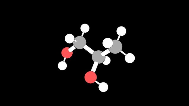360&ordm; realistic 3D view of Propylene Glycol as a seamless loop over a black opaque background with alpha mask. Also called 2-hydroxypropanol and methylethyl glycol.