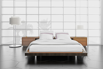 Modern bright bed room interiors 3D rendering illustration computer generated image