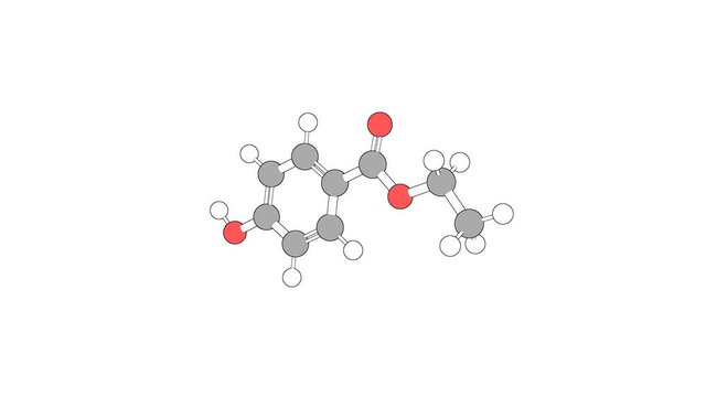 360&ordm; realistic 3D view of Ethylparaben as a seamless loop over a white opaque background with alpha mask. Also called ethyl 4-hydroxybenzoate and ethyl paraben.