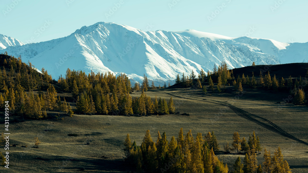 Poster view of the snowy peaks of the altai mountains, russia.