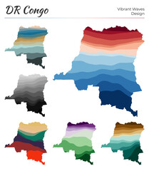 Set of vector maps of DR Congo. Vibrant waves design. Bright map of country in geometric smooth curves style. Multicolored DR Congo map for your design. Radiant vector illustration.