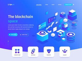 Vector landing page of the blockchain space isometric concept. Cryptocurrency exchange, digital money currency, protection, financial tools. Illustration of advertising banner in isometry design