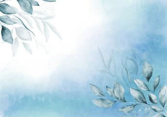 Pale blue leaves - botanical design banner. Floral pastel watercolor border frame. © britaseifert