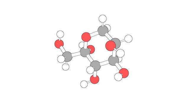 360&ordm; realistic 3D view of D-Arabino-Hex-2-Ulo-Pyranose as a seamless loop over a white opaque background with alpha mask. Also called d-fru and d-fructopyranose.