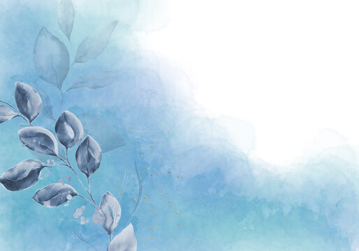 Pale Blue Leaves - Botanical Design Banner. Floral Pastel Watercolor Border Frame.