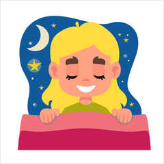  RGBLittle beautiful girl blonde sleeps in her bed and sees a dream. A cloud with stars and a moon above a child s head. Vector illustration in cartoon style fun