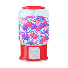 Gumball machine, dispenser with striped bubble gums isolated on white background. Vector cartoon illustration of red vending machine with clear container full of round chewing candies and sweets