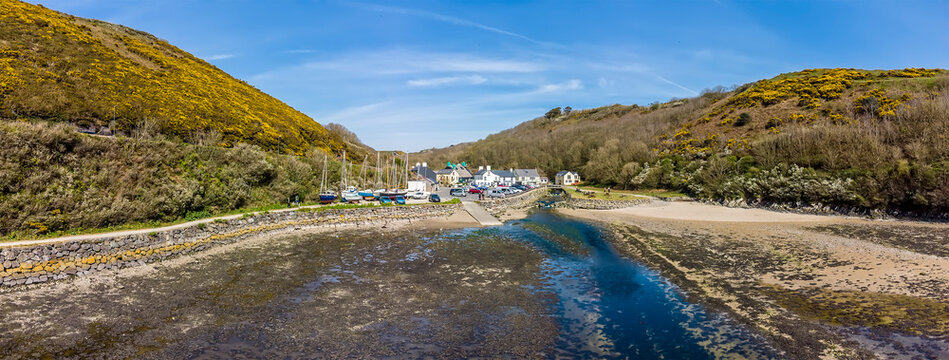 An aerial view across the inlet at Solva, Pembrokeshire, South Wales on a sunny day