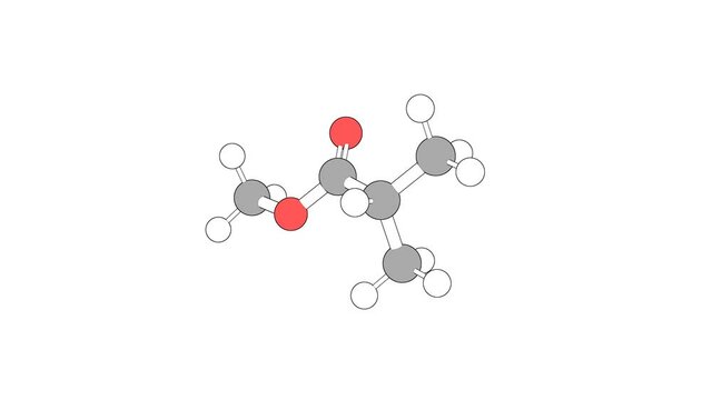 360&ordm; realistic 3D view of Methyl Isobutyrate as a seamless loop over a white opaque background with alpha mask. Also called methyl 2-methylpropanoate and methyl isobutanoate.