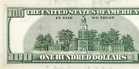 Backside of 100 dollar bill, the largest denomination - obrazy, fototapety, plakaty