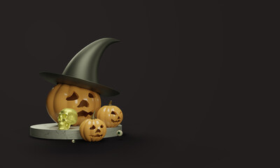 Halloween 3d render with pumpkin and hat on black background.